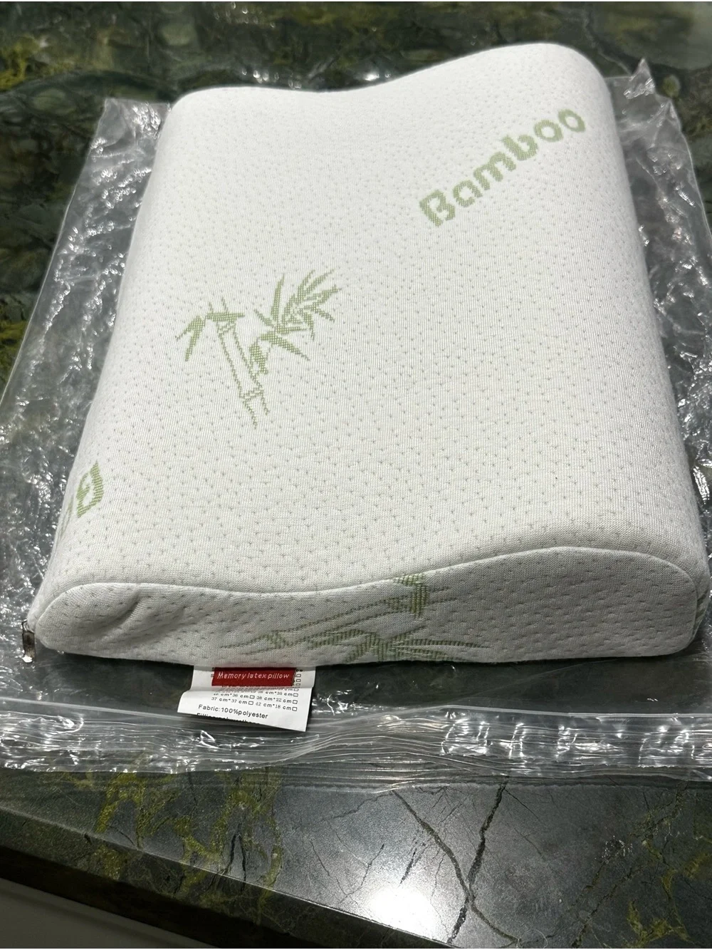 BAMBOO White Memory Foam Contour Pillow with Light Green Bamboo Print